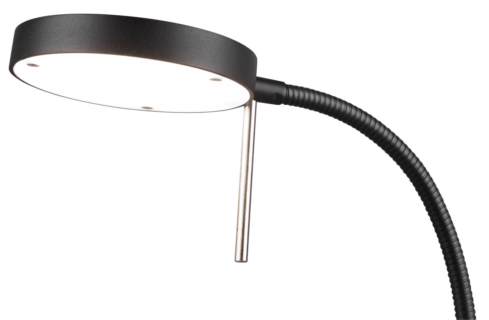 LED-Tischleuchte MONZA, 12W LED, seitliche Perspektive, schwarzer flexibler Hals, runder Lampenkopf