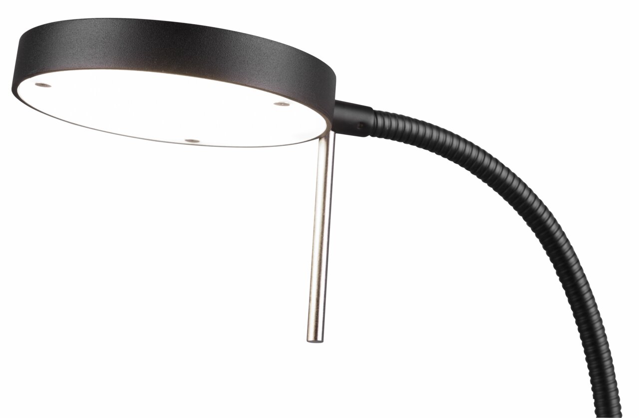 LED-Tischleuchte MONZA, 12W LED, seitliche Perspektive, schwarzer flexibler Hals, runder Lampenkopf