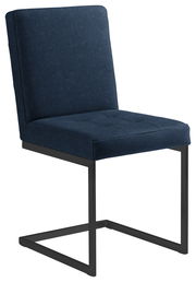 Moderner Freischwinger-Stuhl mit dunkelblauem Stoffbezug und schwarzem Metallgestell, seitliche Perspektive