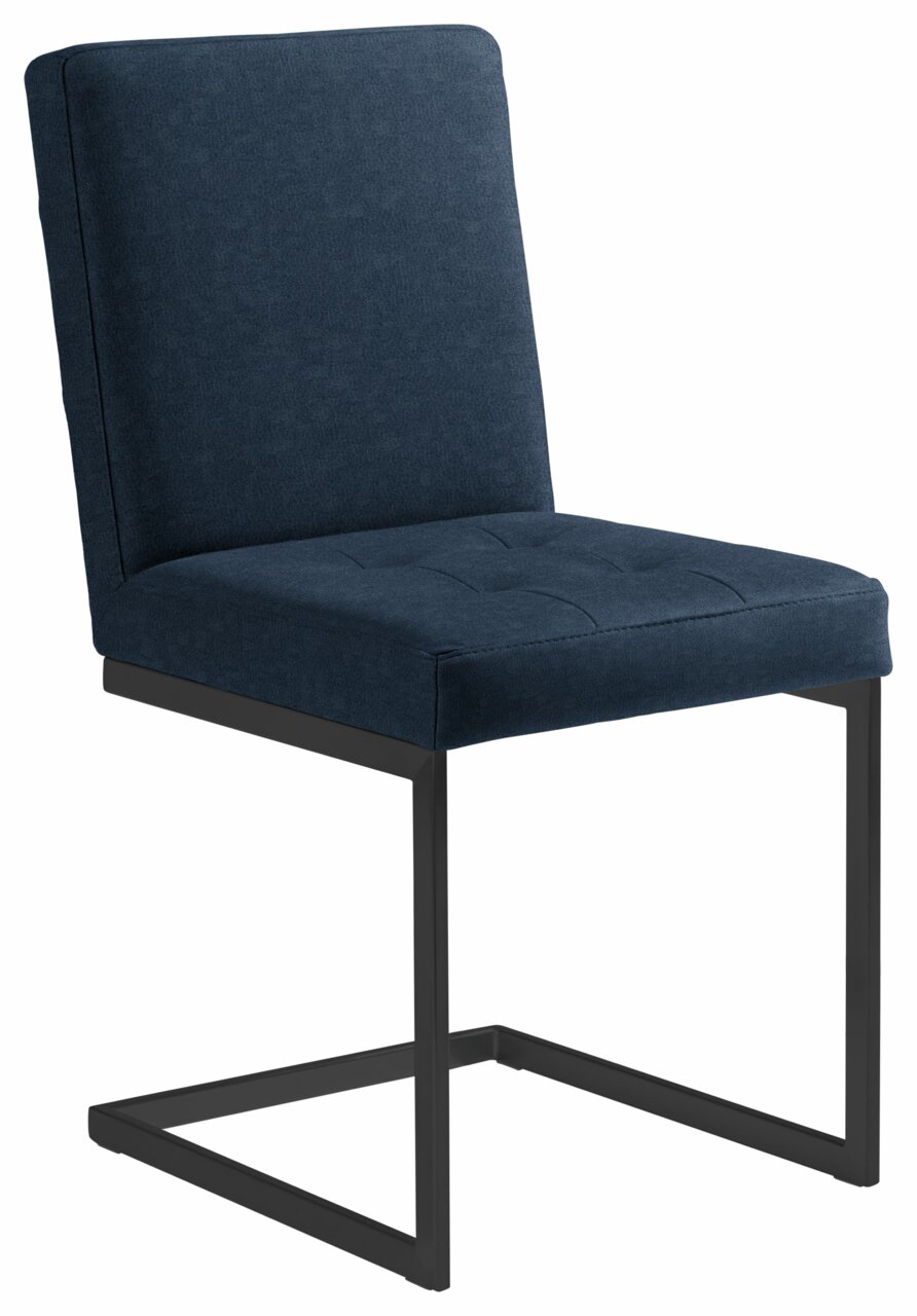 Moderner Freischwinger-Stuhl mit dunkelblauem Stoffbezug und schwarzem Metallgestell, seitliche Perspektive