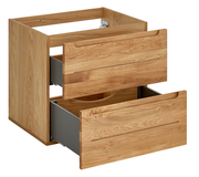 Waschtischunterschrank aus Holz mit zwei offenen Schubladen, seitliche Perspektive