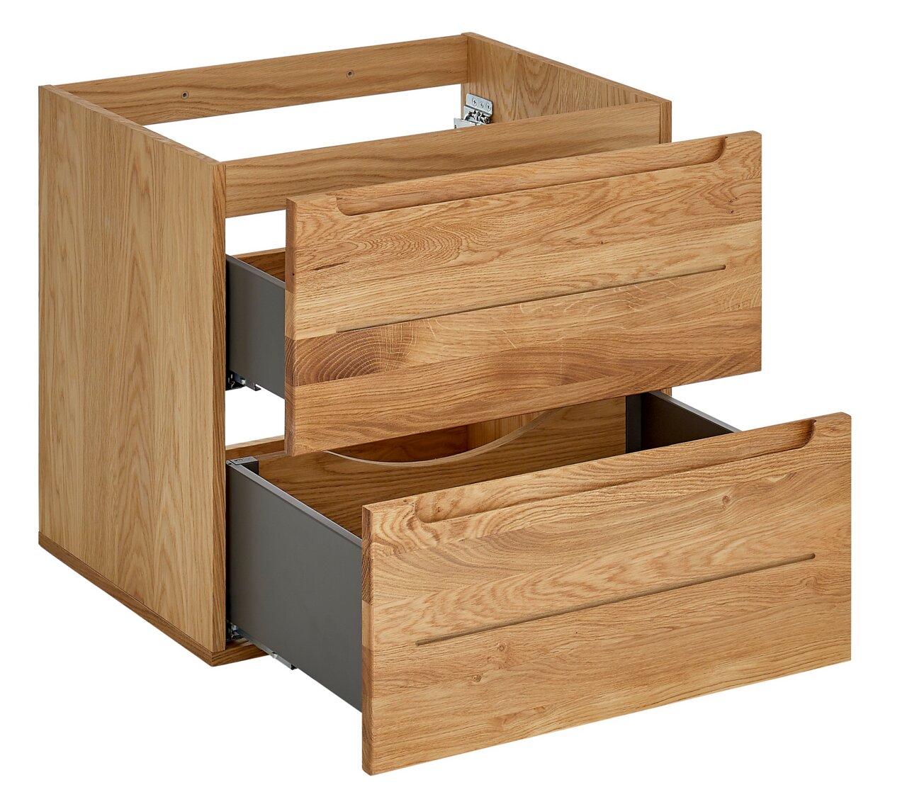 Waschtischunterschrank aus Holz mit zwei offenen Schubladen, seitliche Perspektive