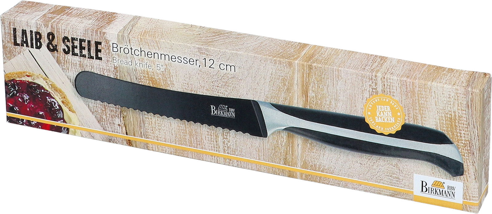 Birkmann Brötchenmesser LAIB & SEELE Verpackung eines Brötchenmessers mit 12 cm Klinge, seitliche Perspektive