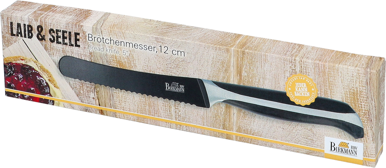 Verpackung eines Brötchenmessers mit 12 cm Klinge, seitliche Perspektive
