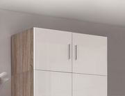 Hochglänzender weißer Schrankaufsatz mit Holzseiten, Frontansicht