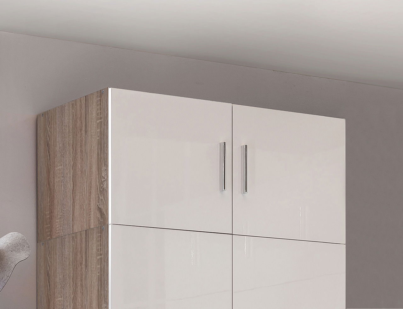 XORA Aufsatz T40 MALTA Hochglänzender weißer Schrankaufsatz mit Holzseiten, Frontansicht