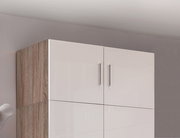 Hochglänzender weißer Schrankaufsatz mit Holzseiten, Frontansicht