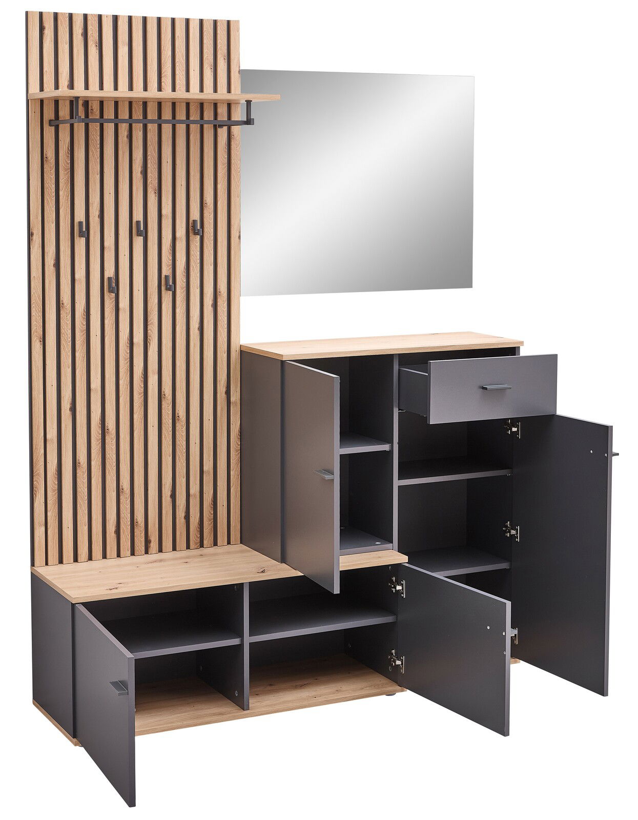 Kompaktgarderobe mit Holz- und Metallelementen, offene Schränke und Schubladen, Spiegel, Frontansicht