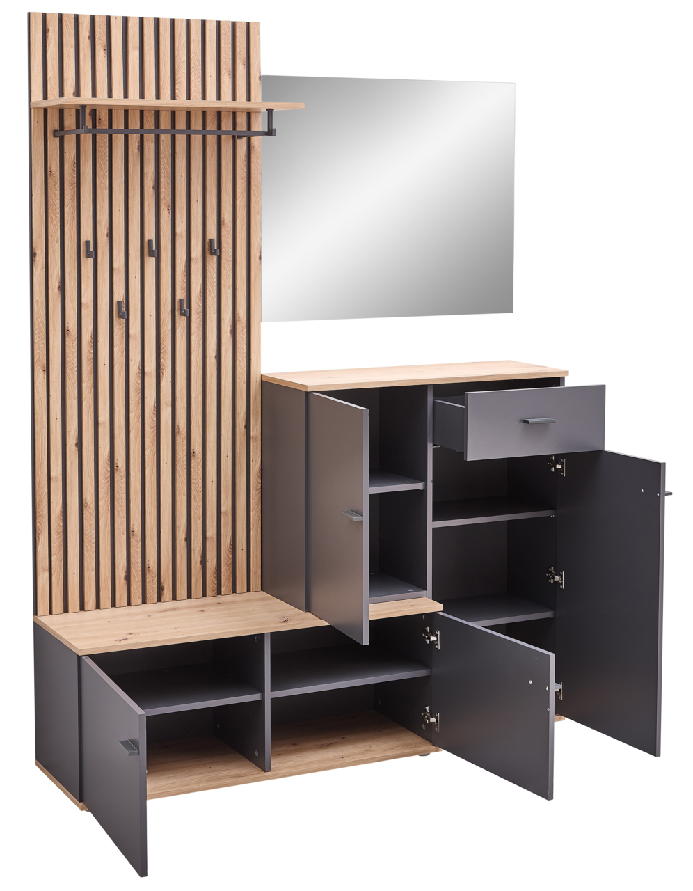 Kompaktgarderobe mit Holz- und Metallelementen, offene Schränke und Schubladen, Spiegel, Frontansicht