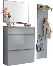 Modernes Flurmöbel-Set in Grau mit Holzablage, bestehend aus Schuhschrank mit großem Spiegel und separater Garderobenpaneele mit Hutablage und Haken; Ansicht schräg von vorn