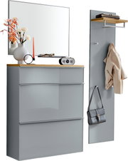 Modernes Flurmöbel-Set in Grau mit Holzablage, bestehend aus Schuhschrank mit großem Spiegel und separater Garderobenpaneele mit Hutablage und Haken; Ansicht schräg von vorn