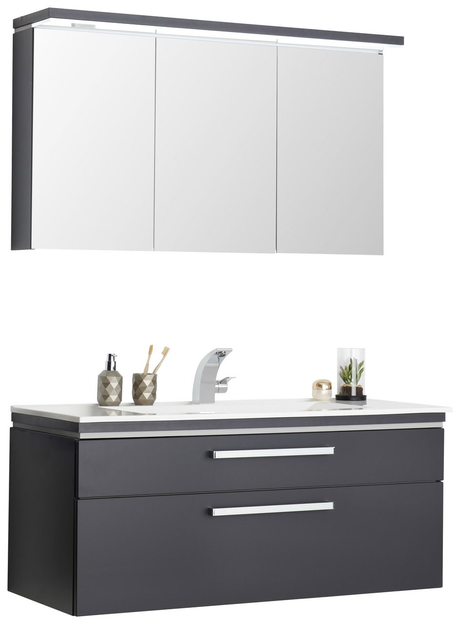 Moderne Badkombination mit Spiegel und Waschbecken, seitliche Perspektive