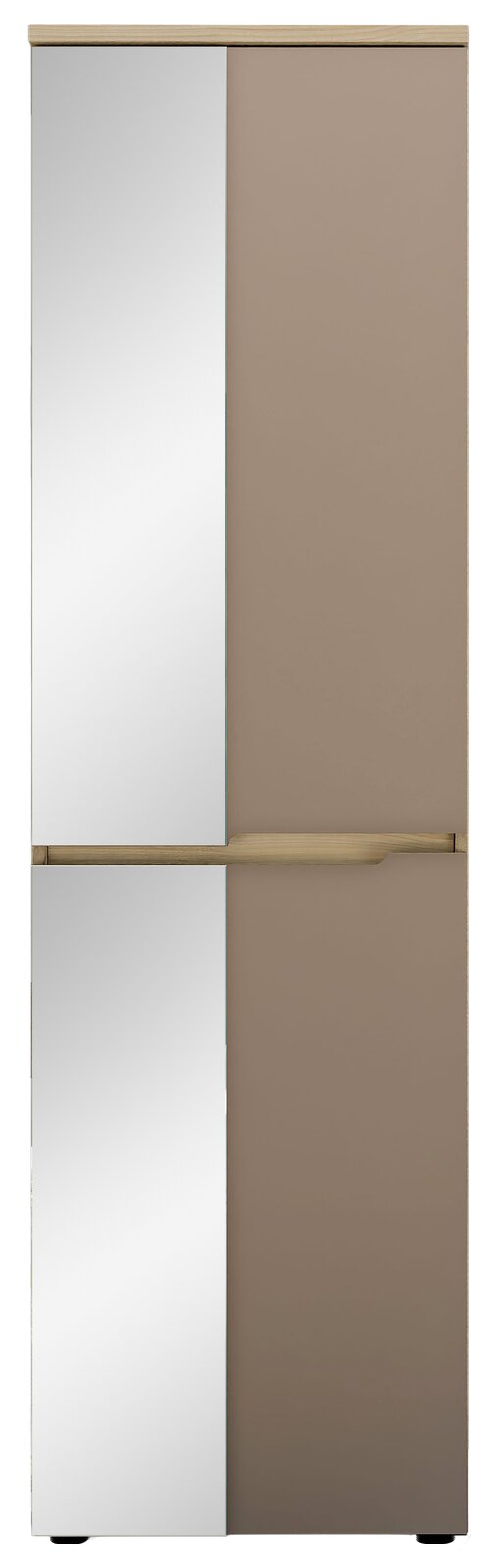 Frontansicht eines modernen Garderobenschranks mit Spiegel- und Holzelementen.