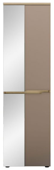 Frontansicht eines modernen Garderobenschranks mit Spiegel- und Holzelementen.