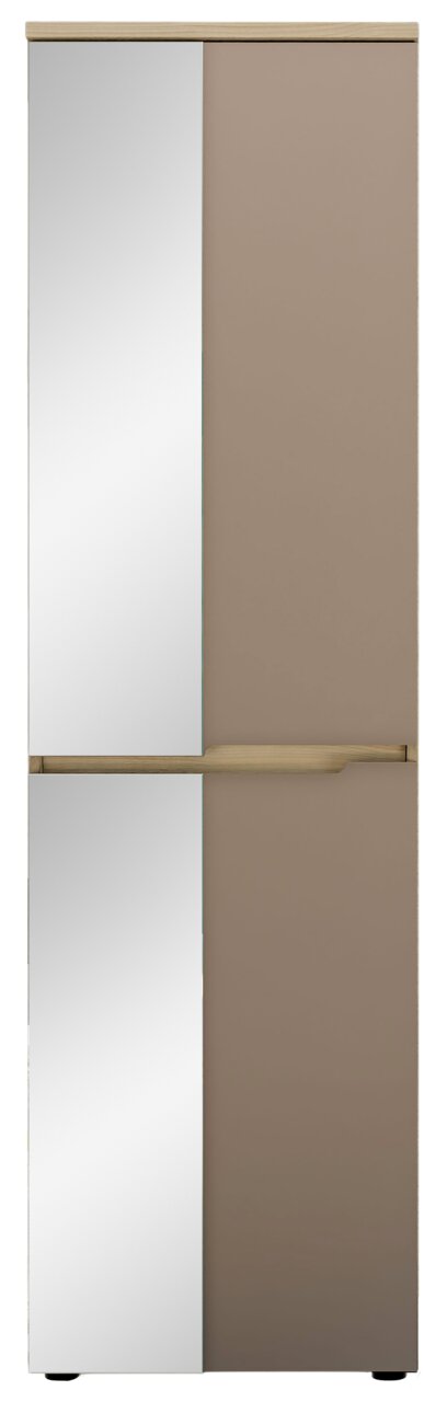 Frontansicht eines modernen Garderobenschranks mit Spiegel- und Holzelementen.