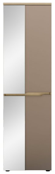 Frontansicht eines modernen Garderobenschranks mit Spiegel- und Holzelementen.