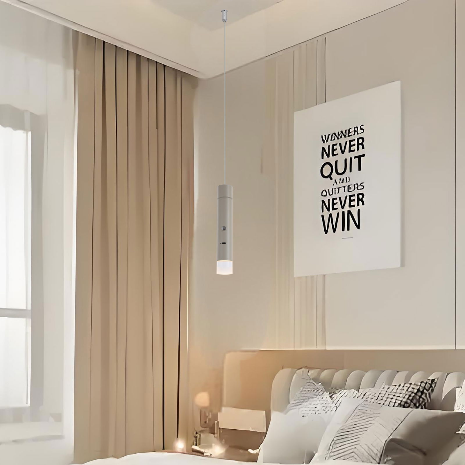 Moderne Hängeleuchte in einem stilvollen Schlafzimmer, seitliche Perspektive