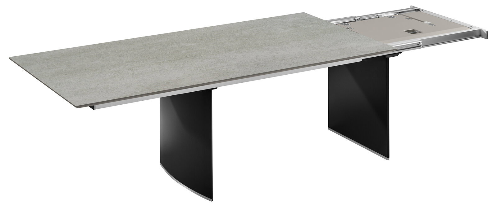 Moderner Esstisch mit ausziehbarer Tischplatte in Betonoptik, seitliche Perspektive