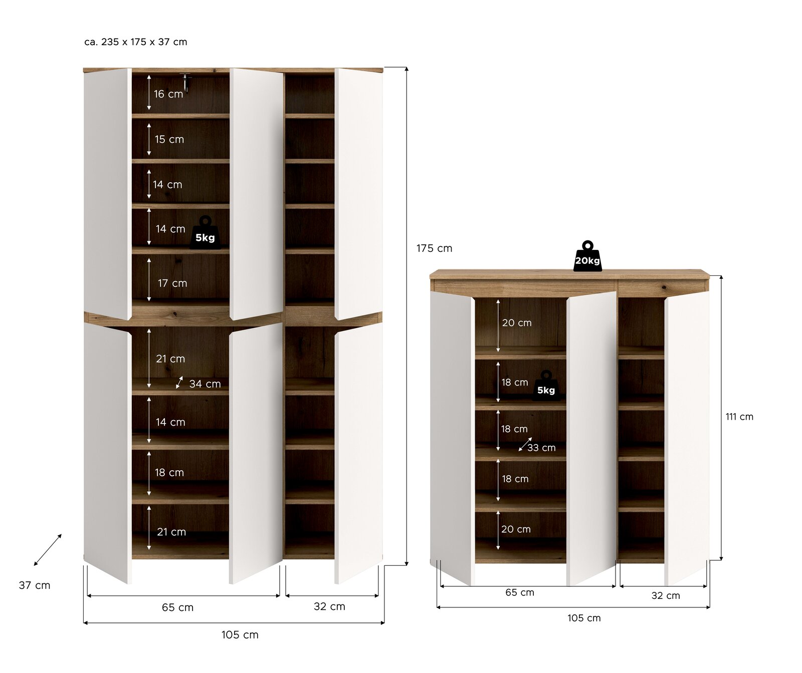 Bemaßte Frontansicht eines zweiteiligen Schranksystems in Holzoptik mit weißen Türen: hoher Schrank ca. 235×105×37 cm und Sideboard ca. 111×105×37 cm, beide mit offenen Türen und Regalfächern sowie Belastungsangaben (5 kg je Fach, 20 kg oben).