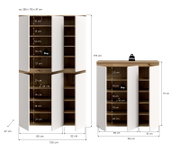 Bemaßte Frontansicht eines zweiteiligen Schranksystems in Holzoptik mit weißen Türen: hoher Schrank ca. 235×105×37 cm und Sideboard ca. 111×105×37 cm, beide mit offenen Türen und Regalfächern sowie Belastungsangaben (5 kg je Fach, 20 kg oben).