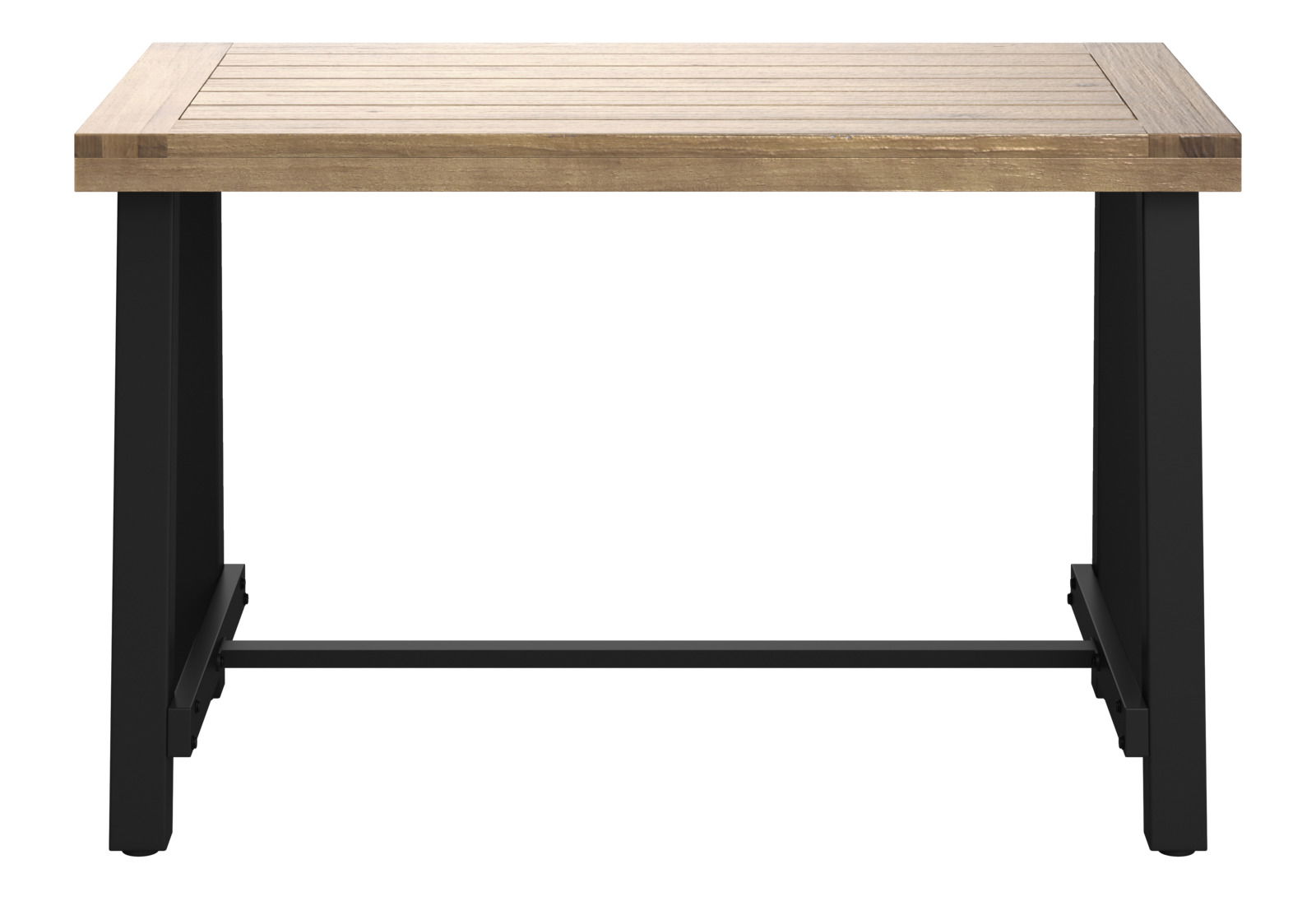 Moderner Gartentisch mit Holzplatte und schwarzen Metallbeinen, Frontalansicht