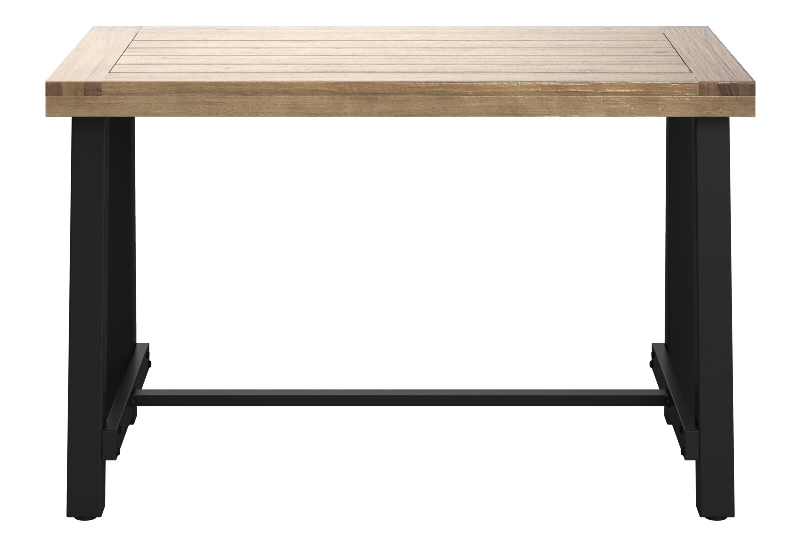 Moderner Gartentisch mit Holzplatte und schwarzen Metallbeinen, Frontalansicht