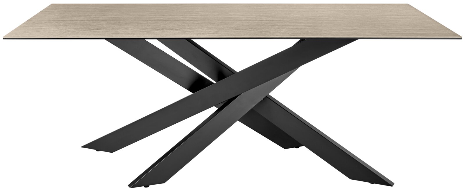 Moderner Esstisch mit heller Holzplatte und schwarzem, gekreuztem Metallgestell, seitliche Perspektive.