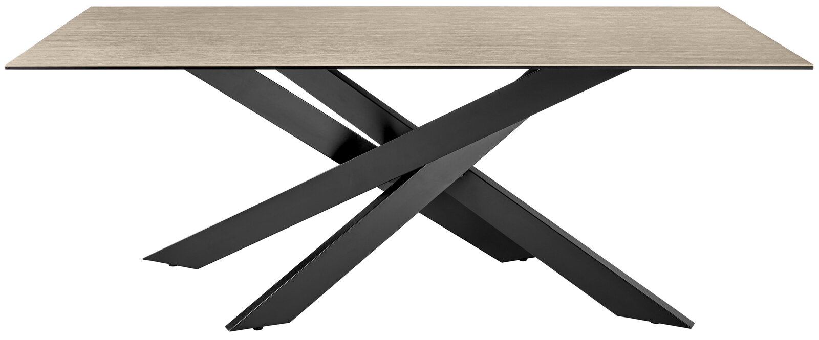 Moderner Esstisch mit heller Holzplatte und schwarzem, gekreuztem Metallgestell, seitliche Perspektive.