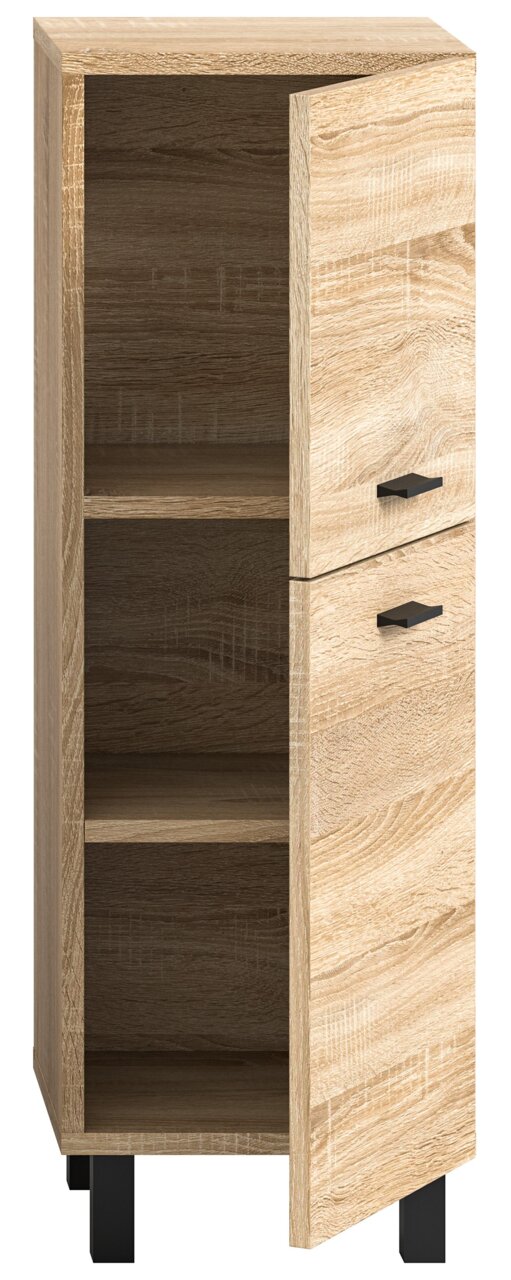 Moderner Badschrank aus Holz mit zwei offenen Fächern und einer teilweise geöffneten Tür, seitliche Perspektive