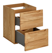 Waschtischunterschrank aus Holz mit zwei offenen Schubladen, seitliche Perspektive
