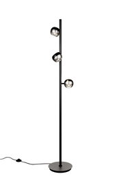 Moderne Stehleuchte mit drei verstellbaren Lampenschirmen in mattem Schwarz und Metalloptik, seitliche Perspektive