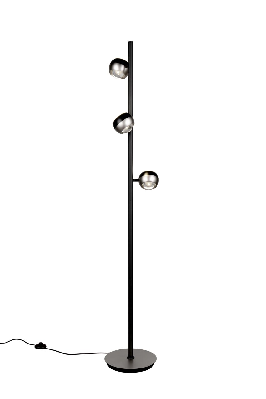 TRIO SELECT Stehleuchte ORBIT Moderne Stehleuchte mit drei verstellbaren Lampenschirmen in mattem Schwarz und Metalloptik, seitliche Perspektive