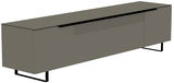 Modernes XL TV-Lowboard der Serie BORMIO in grauer Farbe, seitliche Perspektive, mit schwarzen Metallfüßen und gerilltem Design auf der Vorderseite.