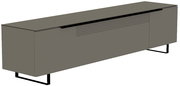 Modernes XL TV-Lowboard der Serie BORMIO in grauer Farbe, seitliche Perspektive, mit schwarzen Metallfüßen und gerilltem Design auf der Vorderseite.