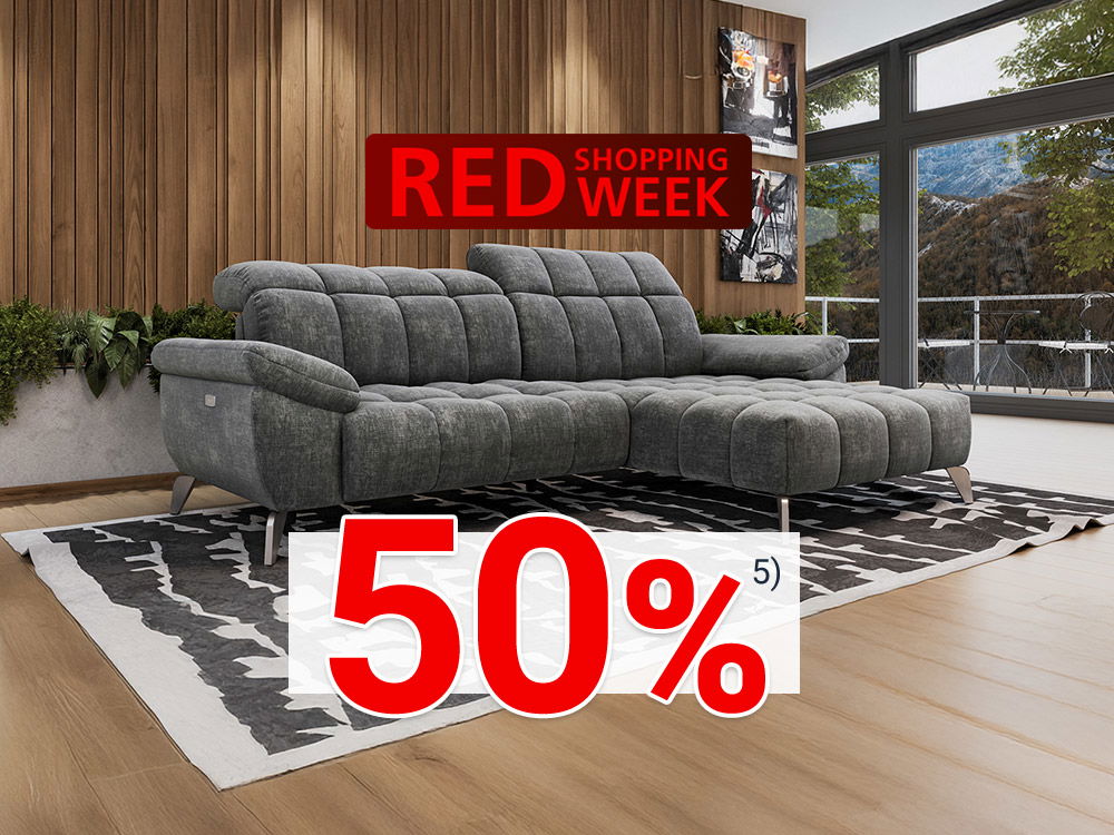 Modernes Wohnzimmer mit grauem Sofa, Holzpaneelwand, Teppich, großen Fenstern und rotem „Red Shopping Week“-Banner