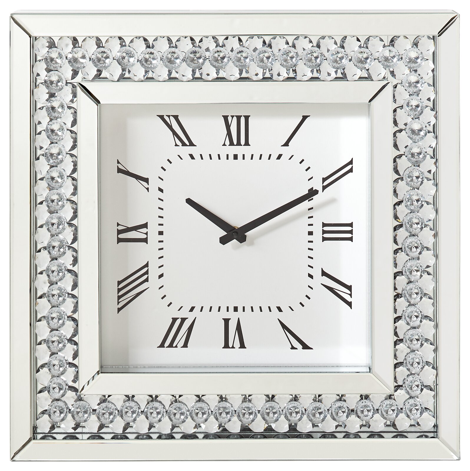 Quadratische Wanduhr mit römischen Ziffern und glitzerndem Rahmen, Frontalansicht