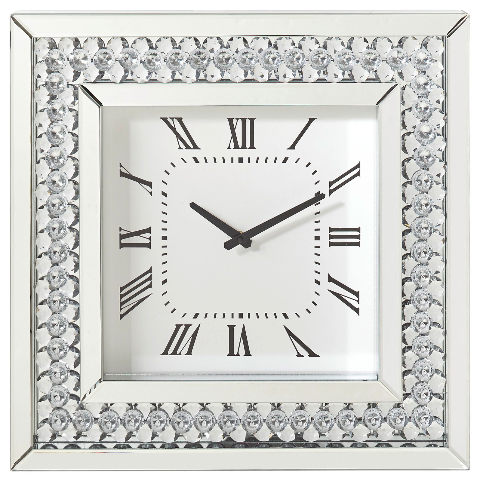 Quadratische Wanduhr mit römischen Ziffern und glitzerndem Rahmen, Frontalansicht