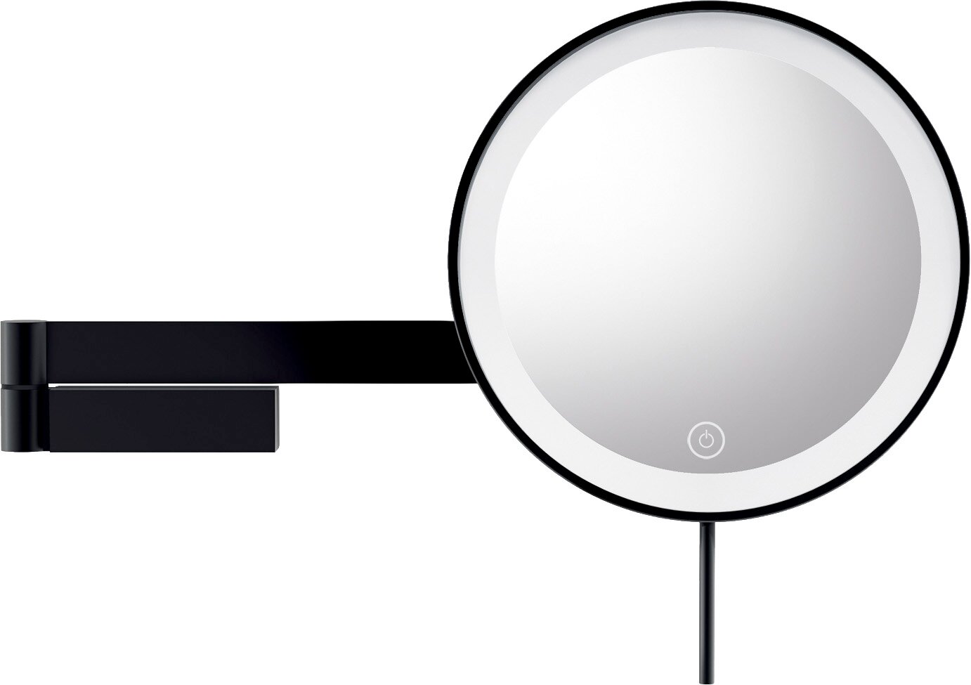 Ronde, zwarte make-upspiegel voor aan de muur met LED-ringverlichting en een touch-power-symbool, zijaanzicht vanaf de voorkant op een witte achtergrond