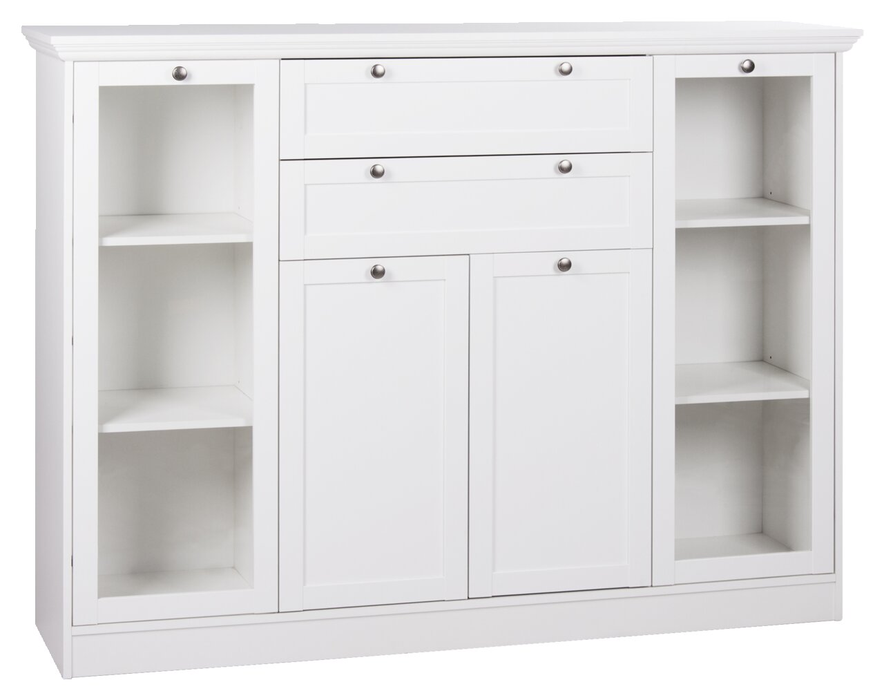 Weißes Highboard mit zwei offenen Regalfächern auf beiden Seiten, zwei Schubladen und zwei Türen in der Mitte, frontale Ansicht.