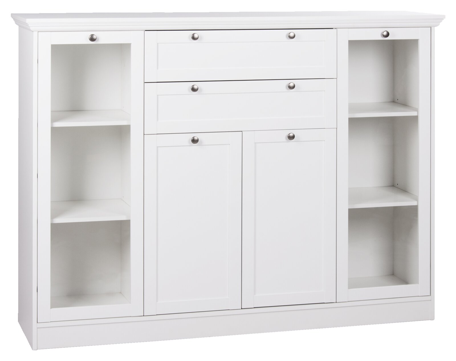 Z2 Hoog dressoir LANDWOOD Weißes Highboard mit zwei offenen Regalfächern auf beiden Seiten, zwei Schubladen und zwei Türen in der Mitte, frontale Ansicht.