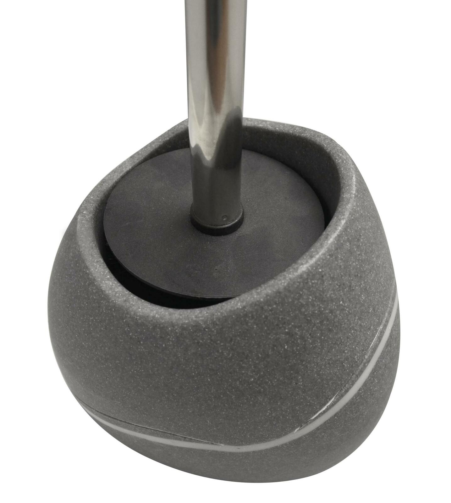 Nahaufnahme einer WC-Bürstengarnitur Little Rock mit grauem, strukturiertem Halter und Edelstahlstiel, von oben betrachtet.