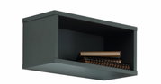 Schwarze Wandbox aus seitlicher Perspektive mit Notizbüchern im Inneren