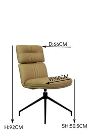 Moderne, beige gestoffeerde stoel met een zwart metalen frame, zijaanzicht