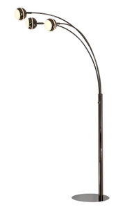 Moderne zwarte boogvloerlamp met drie gebogen armen en ronde, warm verlichte lampenkappen, volledig afgebeeld in vooraanzicht op een witte achtergrond.