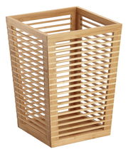 Moderner Papierkorb aus Bambus mit offenem, gitterartigem Design, seitliche Perspektive