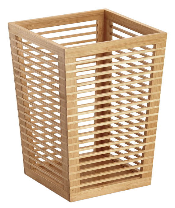Moderner Papierkorb aus Bambus mit offenem, gitterartigem Design, seitliche Perspektive