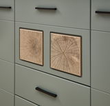 Detailansicht einer Wohnwand mit grünlichen Schubladen und dekorativen Holzeinsätzen in Baumringoptik.