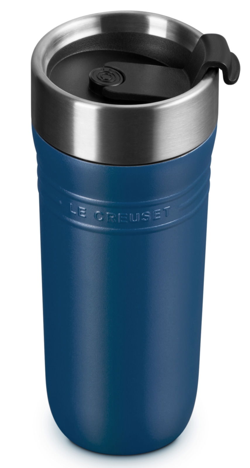 Thermobecher 350ml in Deep Teal, Vorderansicht mit Edelstahlrand und schwarzem Deckel.