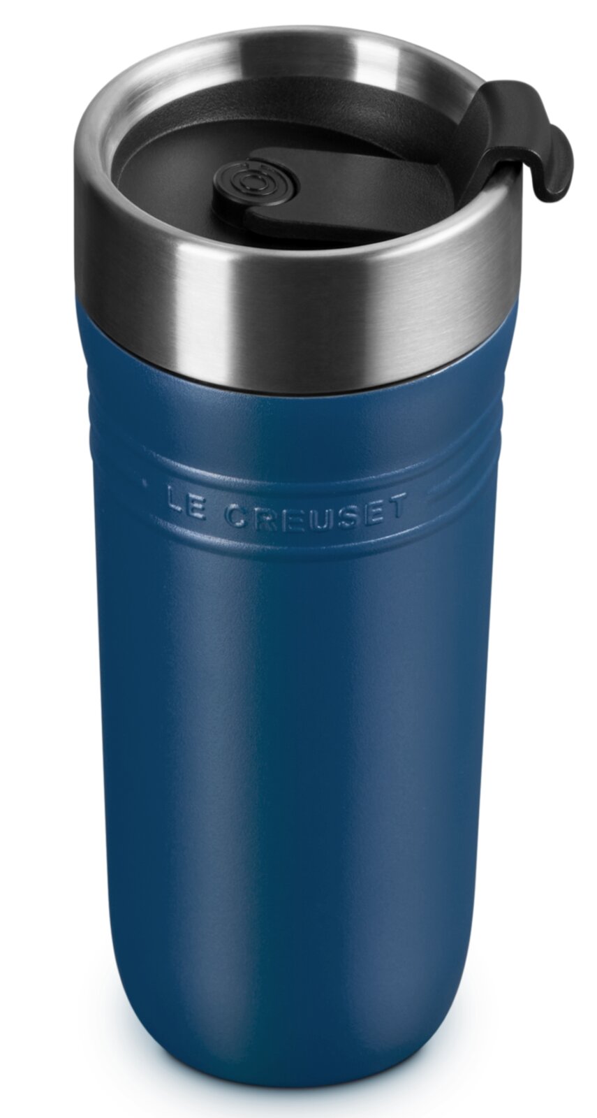 Thermobecher 350ml in Deep Teal, Vorderansicht mit Edelstahlrand und schwarzem Deckel.