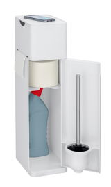 6-in-1 Stand WC-Garnitur Imon in seitlicher Perspektive mit integriertem Toilettenpapierhalter, WC-Bürste und Ablagefläche.